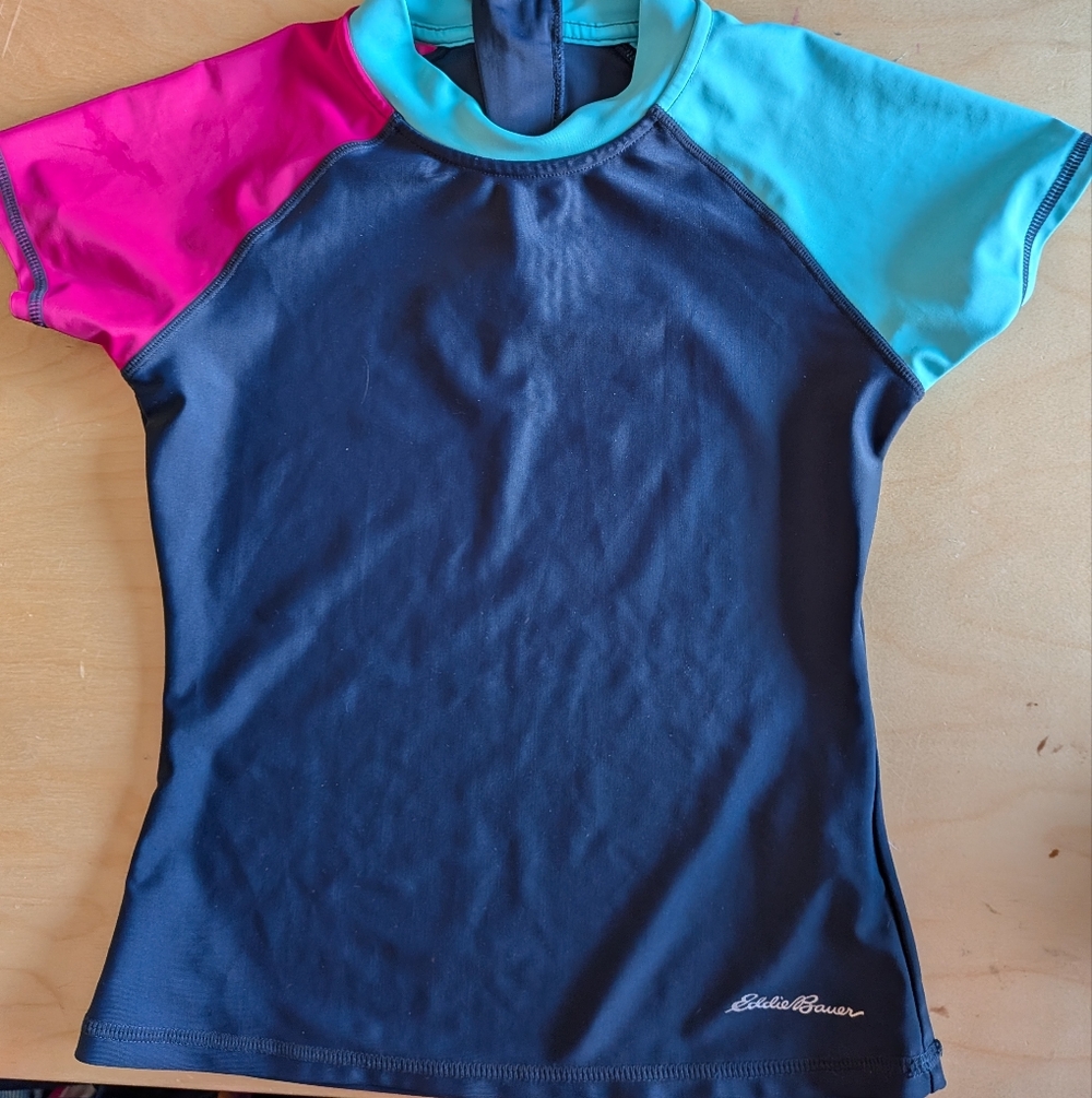 Eddie Bauer Navy Rash Guard with Mint and Pink Accents Small